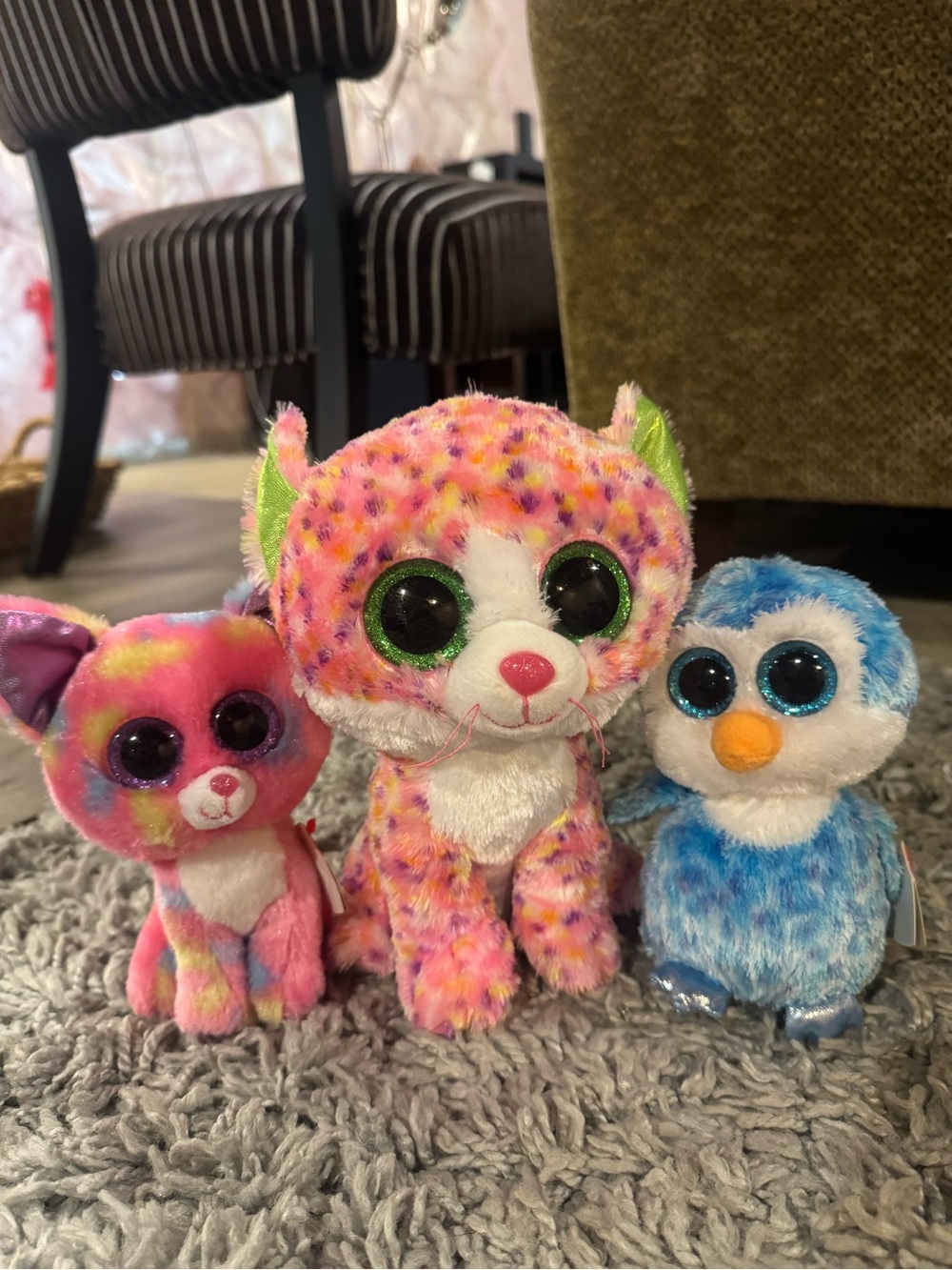 Ty Plush Trio - Pink Multi Spotted Cat, Pink Tie-Dye Kitten, Blue Penguin